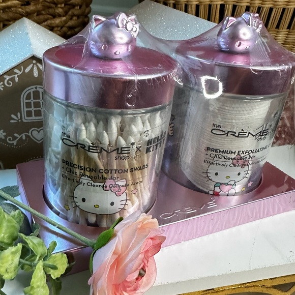 Hello Kitty Crème Shop glass bottles vanity pink tray q tips cotton Christmas